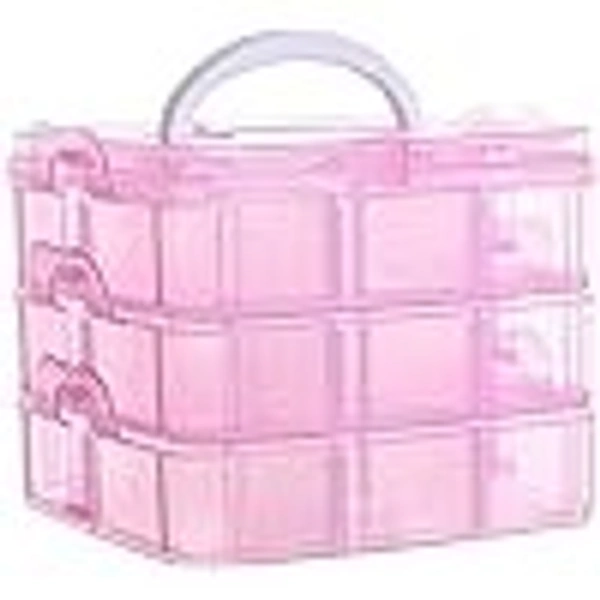 18 Grid Square Storage Box | 3 Layer | With Removal Dividers | Portable | Transparent | Detachable | Jewelry, Craft Beads, Buttons Cosmetic Organizer | Plastic | Pink | 16 x 11 x 14 cm - 16 x 11 x 14 cm