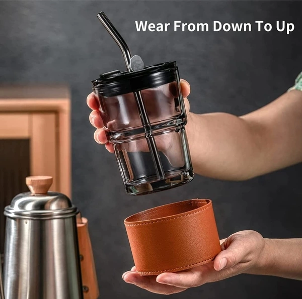 Glass Mug Sipper Tumbler with Lid and Glass Straw Cup 435ml Black Pack of 1 - Milk Fruit Juice Glass Mug for Kids - Travel Tumbler for Green Tea and Coffee Glass with Lid