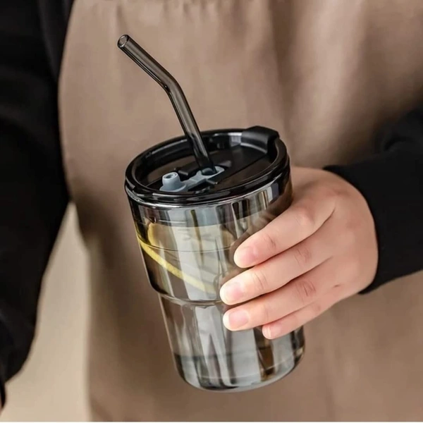 Glass Mug Sipper Tumbler with Lid and Glass Straw Cup 435ml Black Pack of 1 - Milk Fruit Juice Glass Mug for Kids - Travel Tumbler for Green Tea and Coffee Glass with Lid