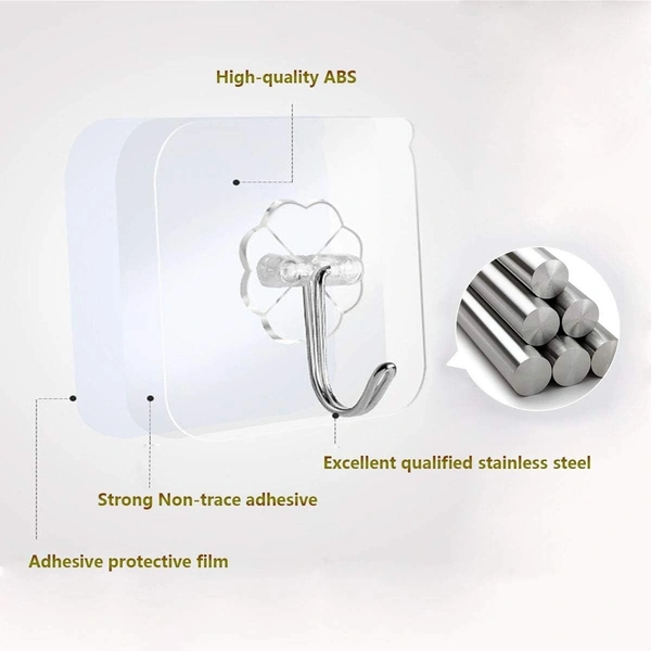 Adhesive Hooks 13.2LB Max Heavy Duty Self Adhesive Hooks Transparent Waterproof and Oilproof Wall Hooks