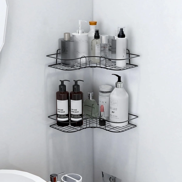 Self-Adhesive Shelves for Corner Walls for Bathroom Organizer - Bathrom Corner Shelf with Magic Sticker (Black) Metal