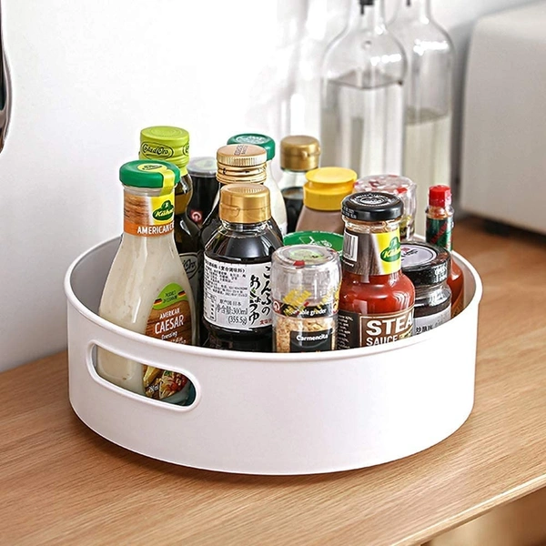 360 Rotating Kitchen Spice Cosmetic Holder Organizer Rack Tray (23L X 23B X 75H Cm, White,Plastic, Tiered Shelf)