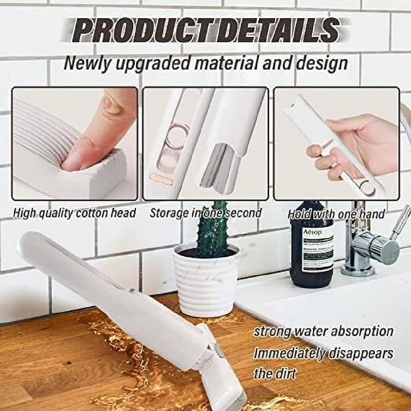 Portable Mini Mop Kitchen Cleaning Tools Car Desk Office SELF-Squeeze Short MOP, Hand WASH-Free Absorbent with 1 Cotton Head, Sponge for Bathroom Kitchens Table 