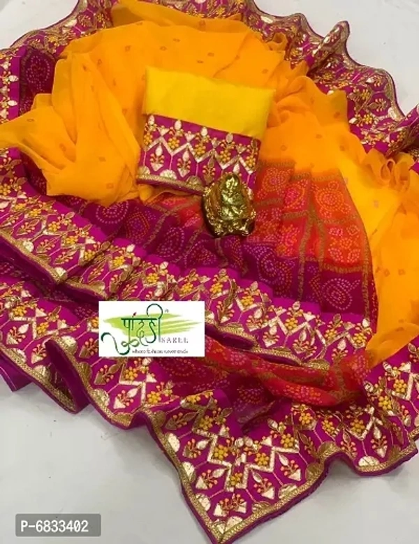 Chiffon Bandhani Saree With Gotta Patti Work With Blouse Piece 