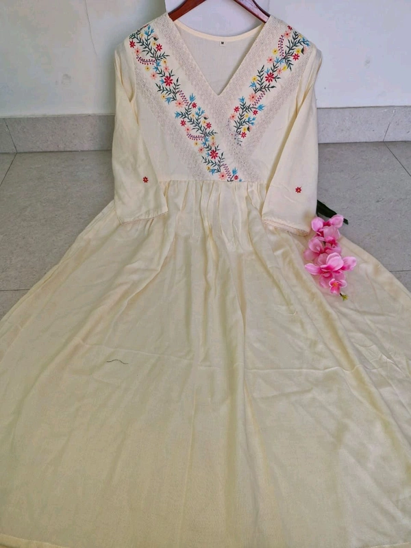 SF5 5635 Launching  rayon dress with floral embroidery and crochet lace detailing on yoke and sleeves  RAYON 
 - M-38
