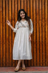 SF5 5635 Launching  rayon dress with floral embroidery and crochet lace detailing on yoke and sleeves  RAYON 
 - XL-42