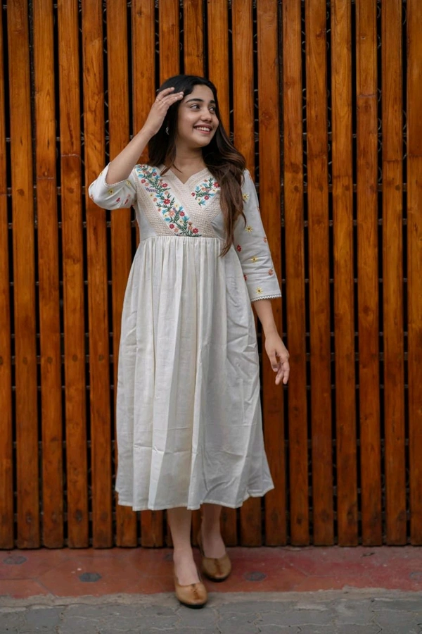 SF5 5635 Launching  rayon dress with floral embroidery and crochet lace detailing on yoke and sleeves  RAYON 
 - M-38