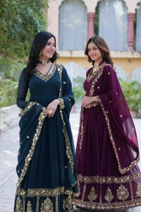 DSS 5643  *PREMIUM DESIGNER READYMADE GEORGETTE  GOWN-DUPATTA 
 - Purple, M-38