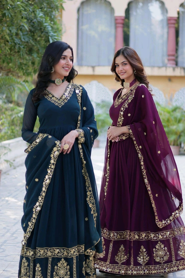 DSS 5643  *PREMIUM DESIGNER READYMADE GEORGETTE  GOWN-DUPATTA 
 - Purple, M-38