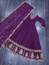 DSS 5643  *PREMIUM DESIGNER READYMADE GEORGETTE  GOWN-DUPATTA 
 - Purple, L-40