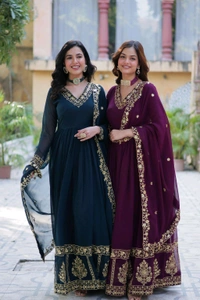 DSS 5643  *PREMIUM DESIGNER READYMADE GEORGETTE  GOWN-DUPATTA 
 - Purple, L-40