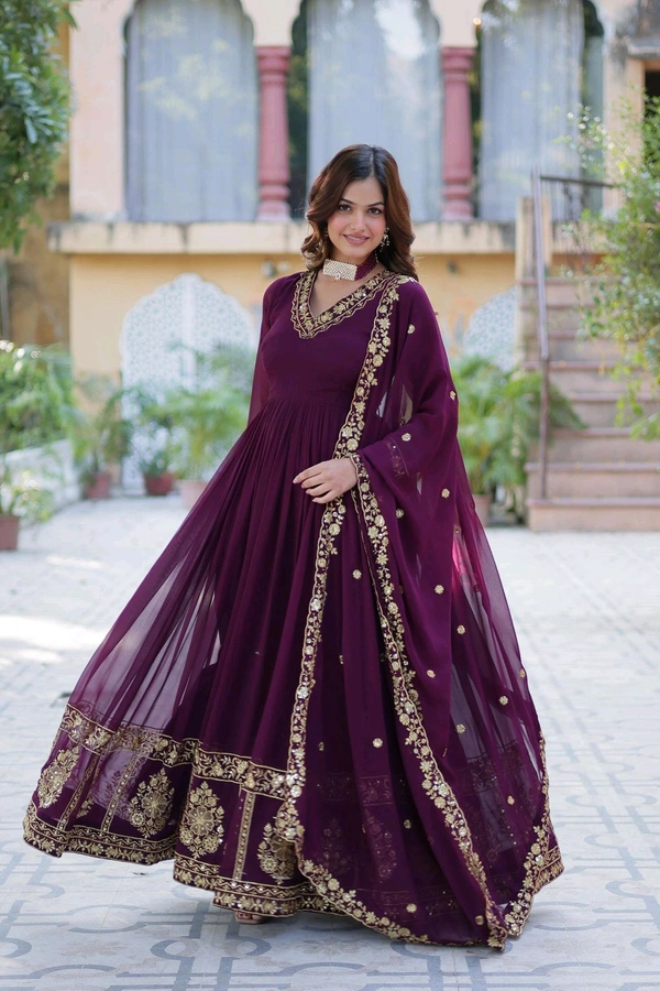DSS 5643  *PREMIUM DESIGNER READYMADE GEORGETTE  GOWN-DUPATTA 
 - Purple, 2XL-44