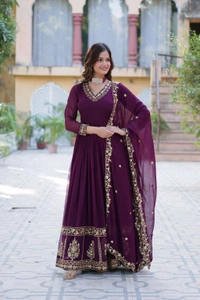 DSS 5643  *PREMIUM DESIGNER READYMADE GEORGETTE  GOWN-DUPATTA 
 - Purple, 2XL-44