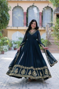DSS 5643  *PREMIUM DESIGNER READYMADE GEORGETTE  GOWN-DUPATTA 
 - Blue, M-38