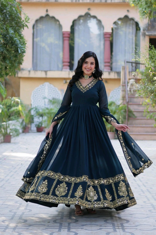 DSS 5643  *PREMIUM DESIGNER READYMADE GEORGETTE  GOWN-DUPATTA 
 - Blue, M-38