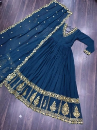 DSS 5643  *PREMIUM DESIGNER READYMADE GEORGETTE  GOWN-DUPATTA 
 - Blue, M-38