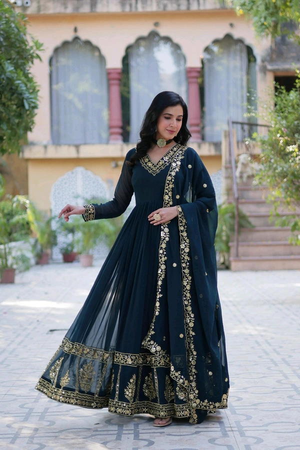 DSS 5643  *PREMIUM DESIGNER READYMADE GEORGETTE  GOWN-DUPATTA 
 - Blue, XL-42