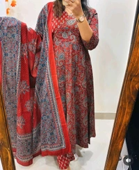 LCJ 5647 *New Anarkali Cotton  kurta set with 
 printed cotton kurta & pant or dupa hand work  - Red, L-40