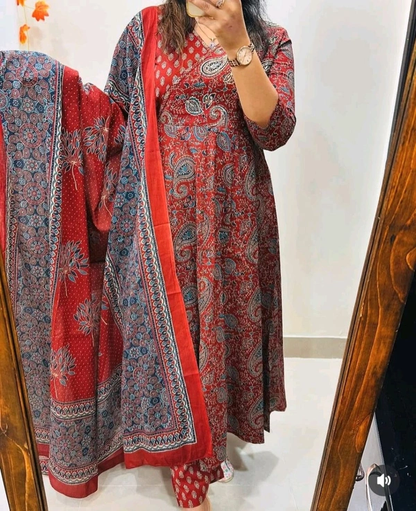 LCJ 5647 *New Anarkali Cotton  kurta set with 
 printed cotton kurta & pant or dupa hand work  - Red, L-40
