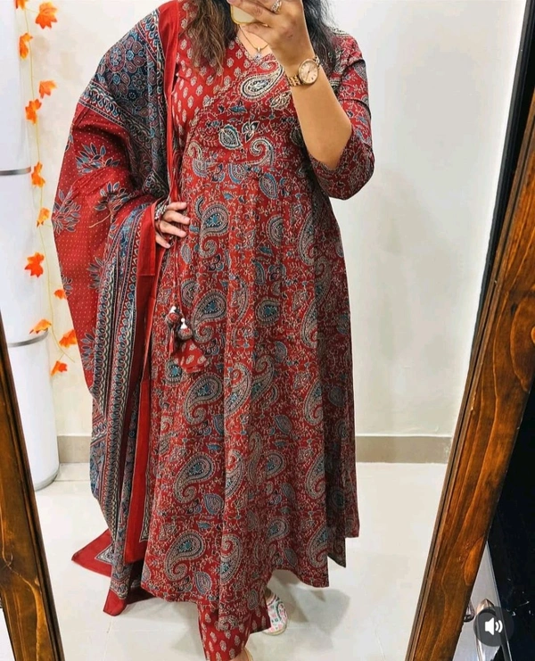 LCJ 5647 *New Anarkali Cotton  kurta set with 
 printed cotton kurta & pant or dupa hand work  - Red, XL-42