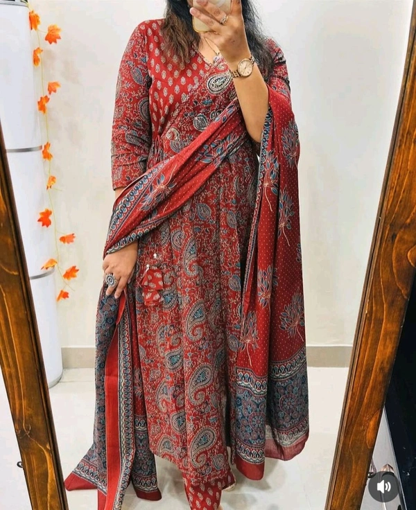 LCJ 5647 *New Anarkali Cotton  kurta set with 
 printed cotton kurta & pant or dupa hand work  - Red, 2XL-44