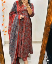 LCJ 5647 *New Anarkali Cotton  kurta set with 
 printed cotton kurta & pant or dupa hand work  - Red, 2XL-44