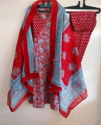 LCJ 5647 *New Anarkali Cotton  kurta set with 
 printed cotton kurta & pant or dupa hand work  - Red, 2XL-44