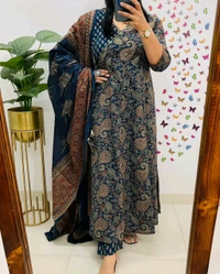 LCJ 5647 *New Anarkali Cotton  kurta set with 
 printed cotton kurta & pant or dupa hand work  - Blue, M-38