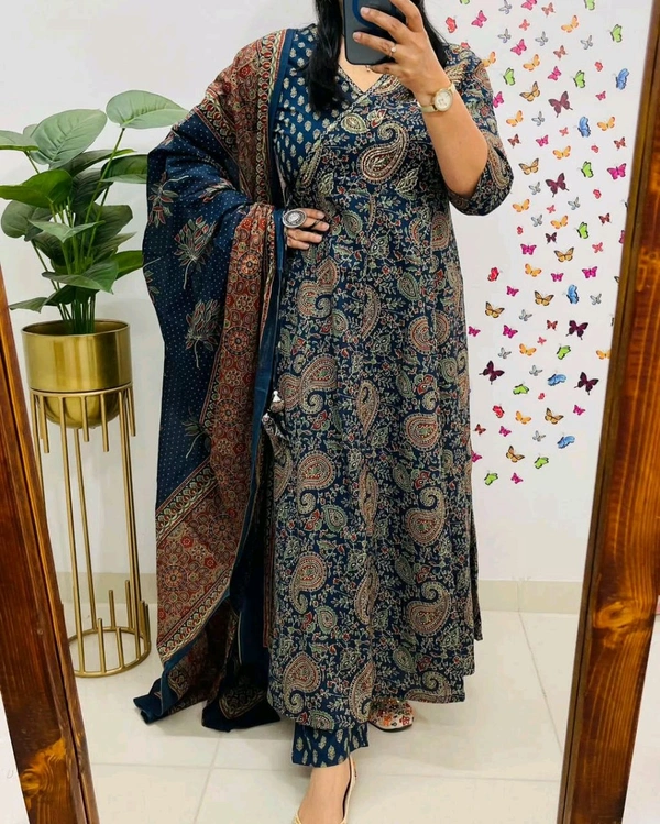 LCJ 5647 *New Anarkali Cotton  kurta set with 
 printed cotton kurta & pant or dupa hand work  - Blue, M-38