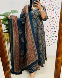 LCJ 5647 *New Anarkali Cotton  kurta set with 
 printed cotton kurta & pant or dupa hand work  - Blue, M-38