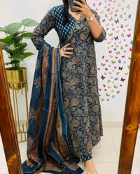 LCJ 5647 *New Anarkali Cotton  kurta set with 
 printed cotton kurta & pant or dupa hand work  - Blue, M-38