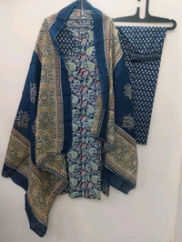 LCJ 5647 *New Anarkali Cotton  kurta set with 
 printed cotton kurta & pant or dupa hand work  - Blue, M-38
