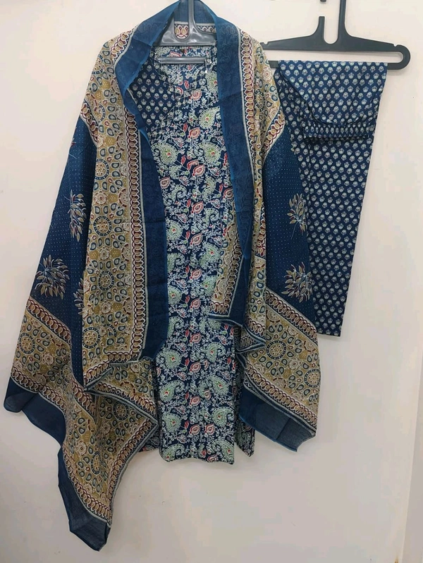 LCJ 5647 *New Anarkali Cotton  kurta set with 
 printed cotton kurta & pant or dupa hand work  - Blue, M-38