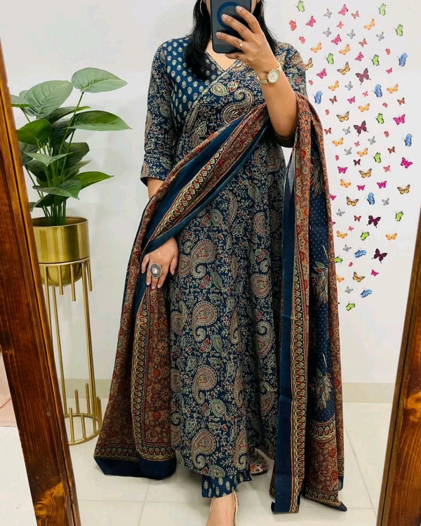 LCJ 5647 *New Anarkali Cotton  kurta set with 
 printed cotton kurta & pant or dupa hand work  - Blue, L-40