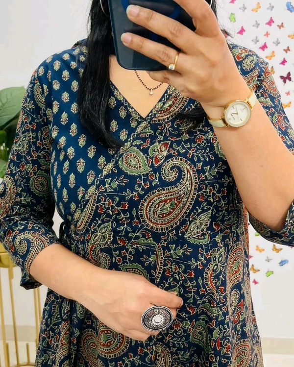 LCJ 5647 *New Anarkali Cotton  kurta set with 
 printed cotton kurta & pant or dupa hand work  - Blue, L-40