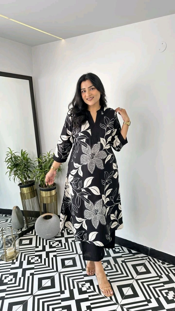 LCJ 5656  New Stylish  rayon  kottan kurti pant set 
 - Black, M-38