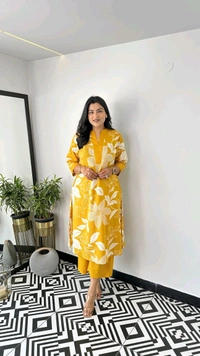 LCJ 5656  New Stylish  rayon  kottan kurti pant set 
 - Yellow, M-38