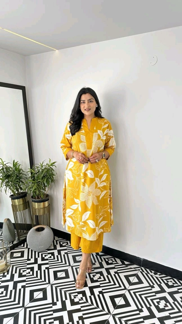 LCJ 5656  New Stylish  rayon  kottan kurti pant set 
 - Yellow, M-38
