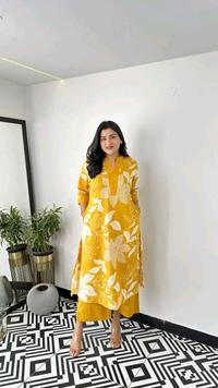 LCJ 5656  New Stylish  rayon  kottan kurti pant set 
 - Yellow, L-40