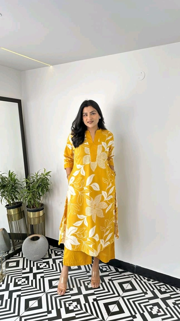 LCJ 5656  New Stylish  rayon  kottan kurti pant set 
 - Yellow, L-40