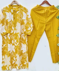 LCJ 5656  New Stylish  rayon  kottan kurti pant set 
 - Yellow, L-40