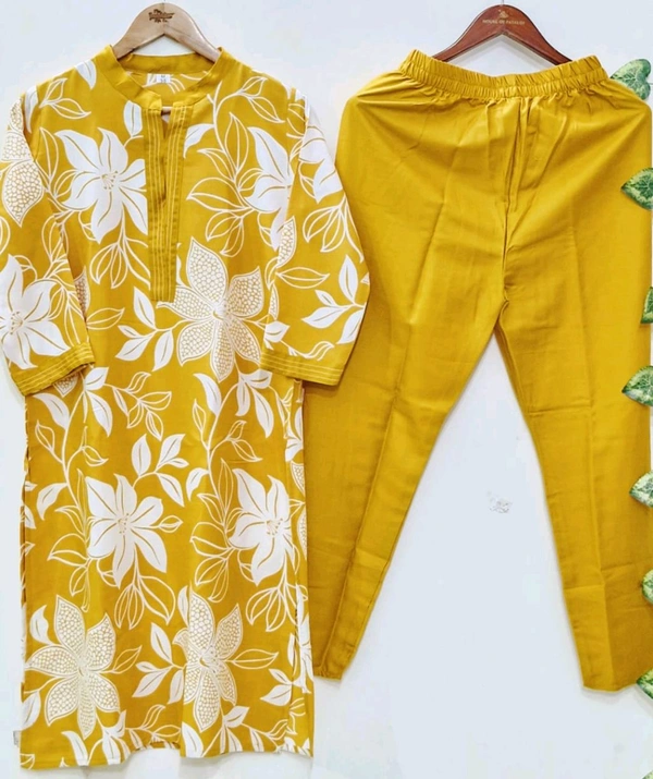LCJ 5656  New Stylish  rayon  kottan kurti pant set 
 - Yellow, L-40