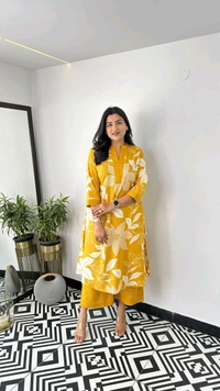 LCJ 5656  New Stylish  rayon  kottan kurti pant set 
 - Yellow, XL-42