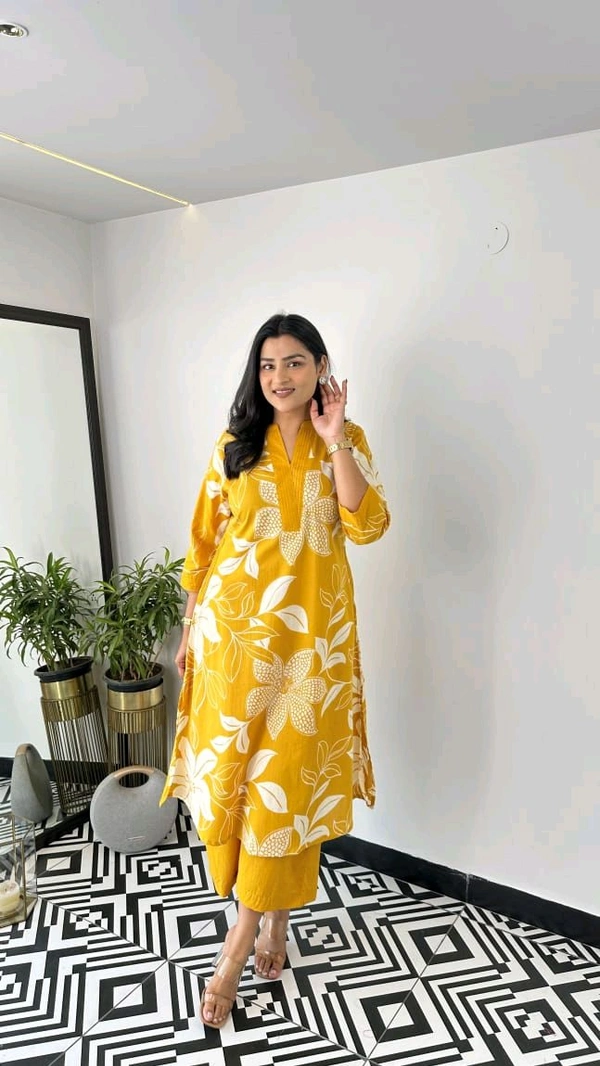 LCJ 5656  New Stylish  rayon  kottan kurti pant set 
 - Yellow, 2XL-44