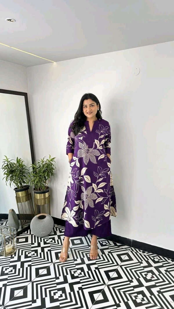 LCJ 5656  New Stylish  rayon  kottan kurti pant set 
 - Purple, M-38