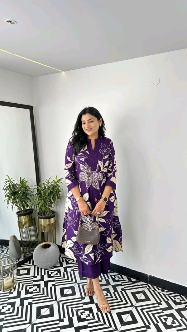 LCJ 5656  New Stylish  rayon  kottan kurti pant set 
 - Purple, M-38