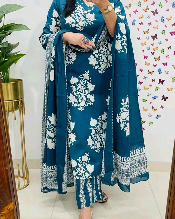 LCJ 5659 New Heavy Cotton Kurta Pant Dupatta  Sequence Work 
 - Blue, XL-42