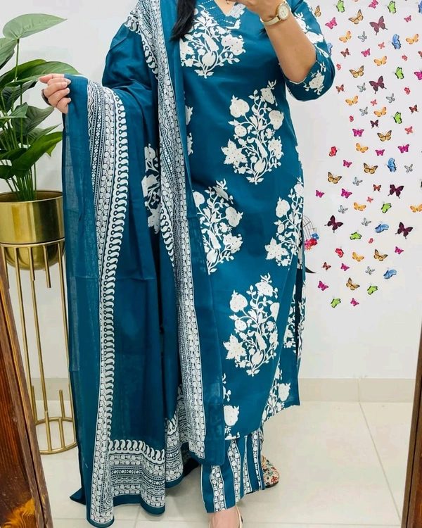 LCJ 5659 New Heavy Cotton Kurta Pant Dupatta  Sequence Work 
 - Blue, 2XL-44