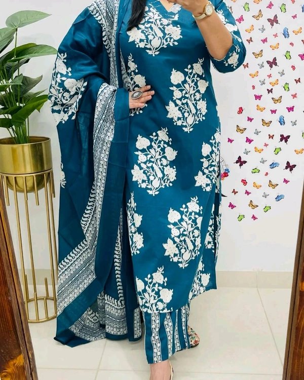 LCJ 5659 New Heavy Cotton Kurta Pant Dupatta  Sequence Work 
 - Blue, 2XL-44