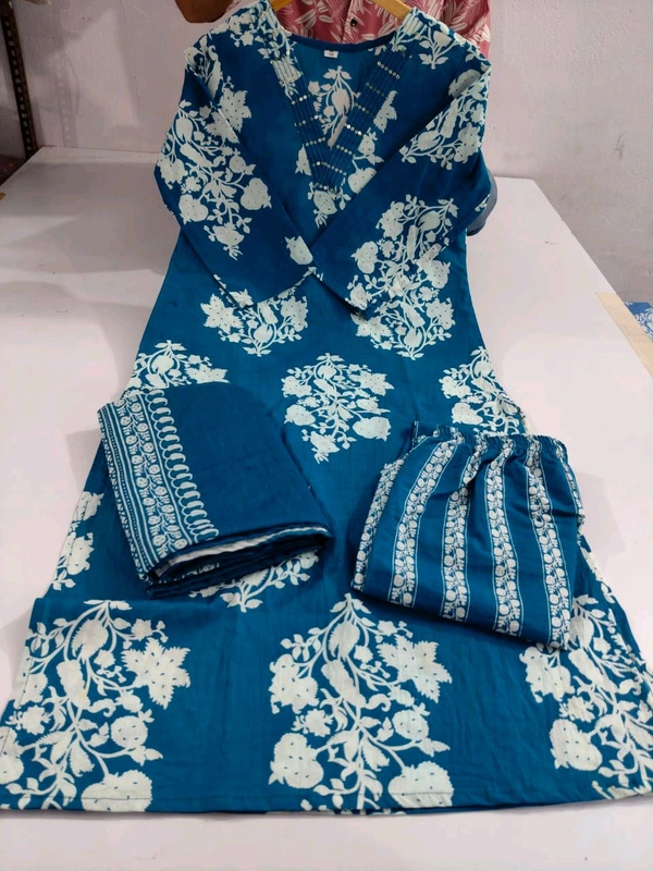 LCJ 5659 New Heavy Cotton Kurta Pant Dupatta  Sequence Work 
 - Blue, 2XL-44